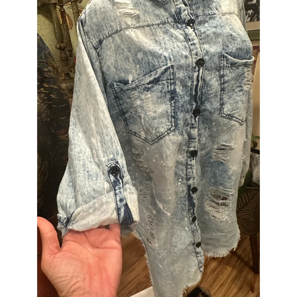Women's Thrill Jeans Denim Shirt Dress 2X Blue Distressed - Picture 2 of 10